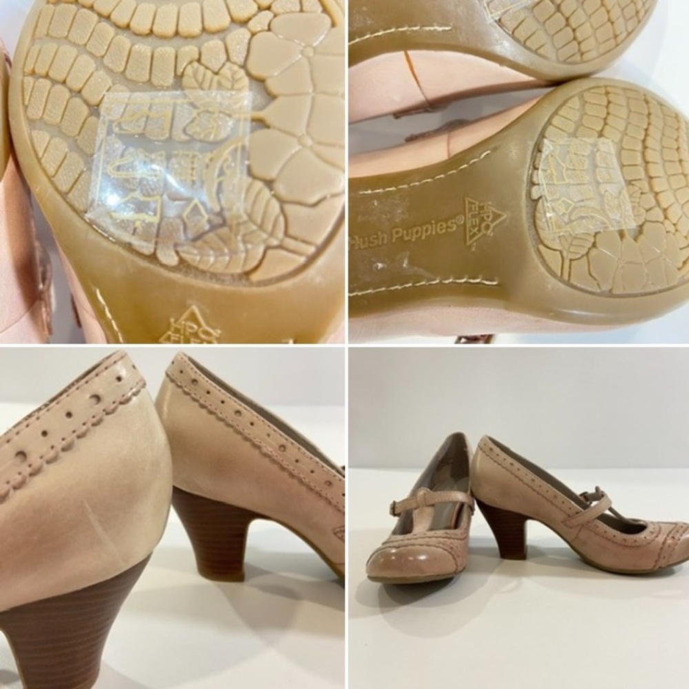Hush Puppies Mary Jane Leather Brogue Pumps Nude Pink Size 6 Medium oldies heels - Picture 11 of 16